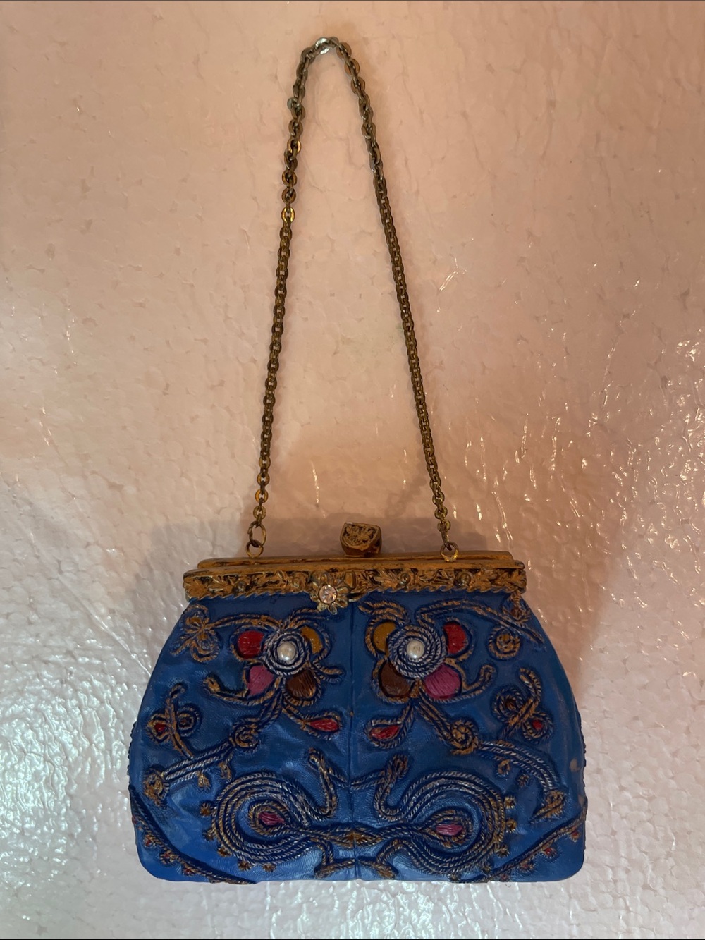 Vintage nostalgia miniature Blue Embroidered Evening Bag ornament Chain Handle